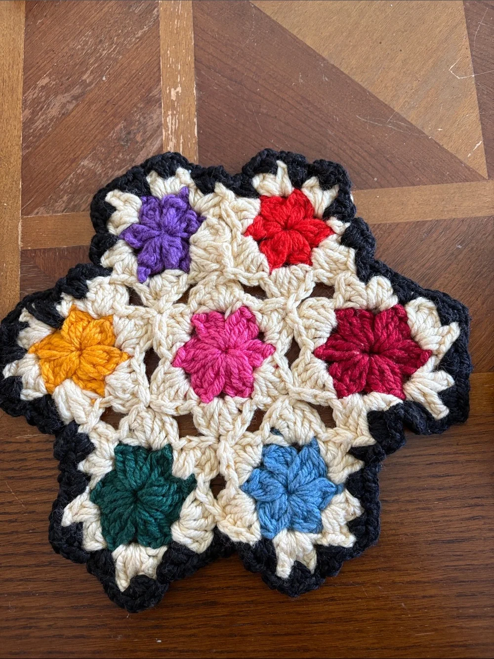 Handmade Crochet Floral Trivets in Cream with Multicolor Centers